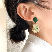Thumbnail for Geometric Green Stone Drop Earrings