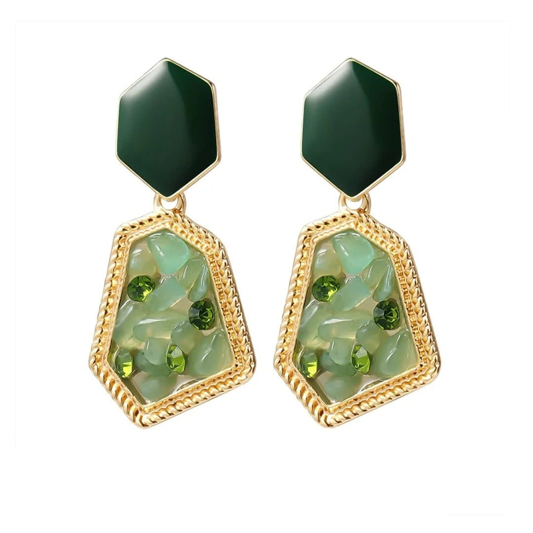 Geometric Green Stone Drop Earrings