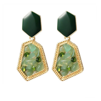 Geometric Green Stone Drop Earrings