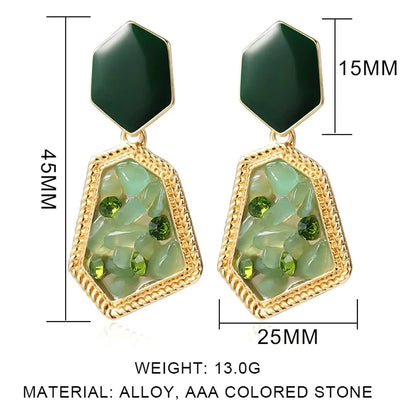 Geometric Green Stone Drop Earrings