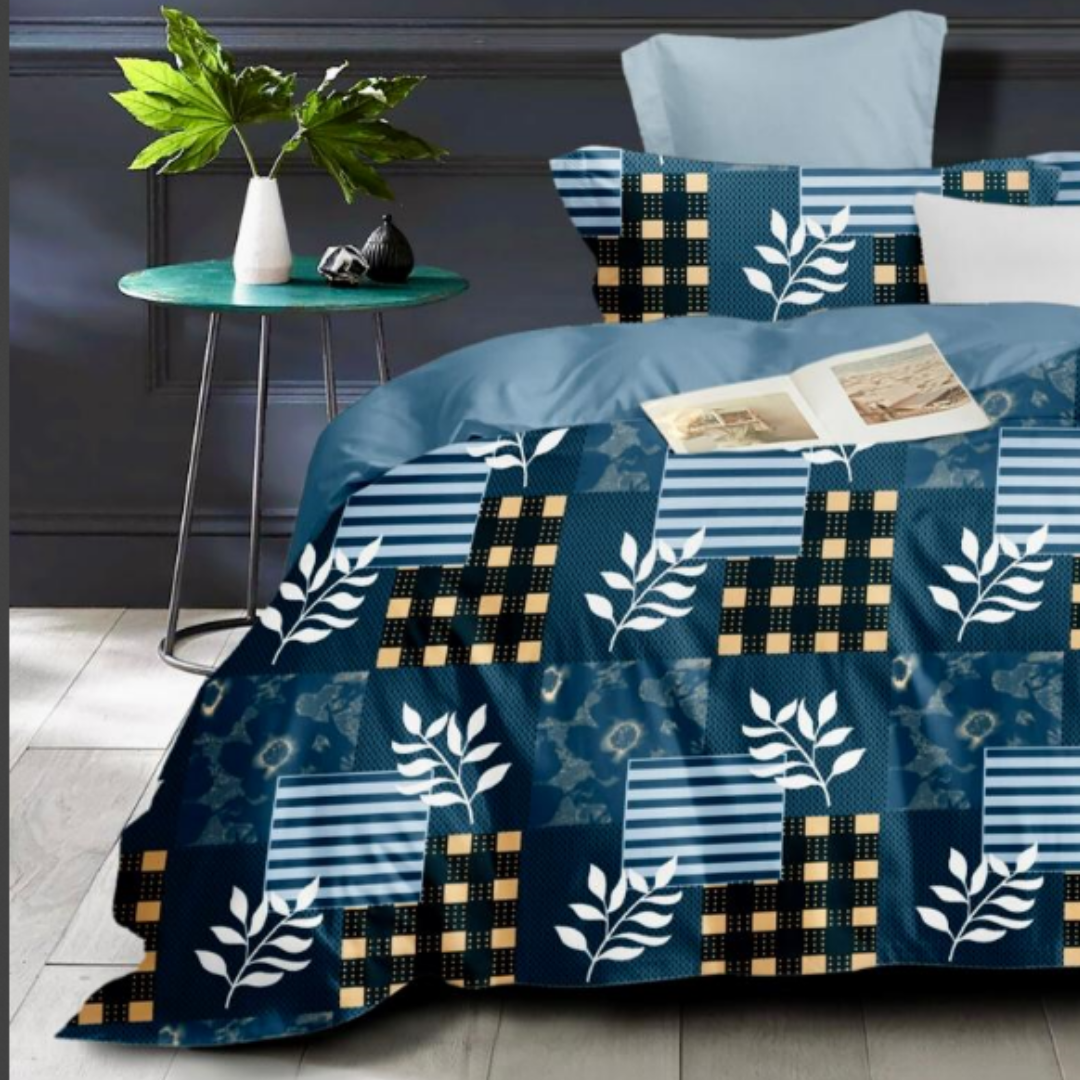 Most Trending Blue Leaf cotton Double Bed Bedsheet with 2 Pillow Covers