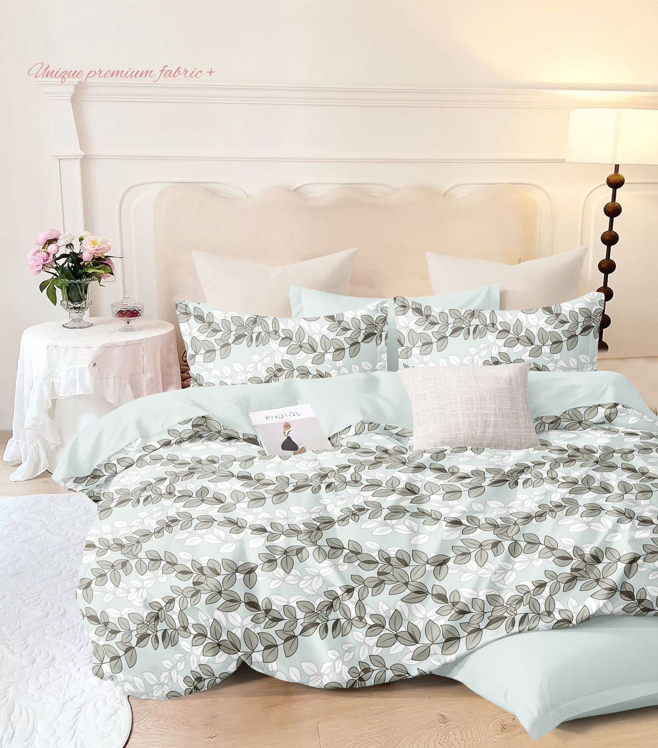Queen Size White Leaf Print Double Bed Premium Bedsheet