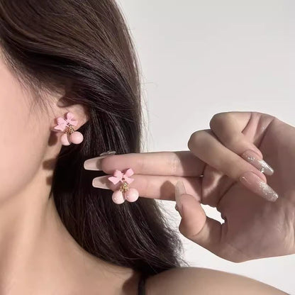 Korean Style Pink Cherry Bow Earrings – Cute & Trendy Kawaii Aesthetic Jewelry for Girls