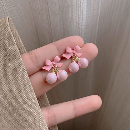 Korean Style Pink Cherry Bow Earrings – Cute & Trendy Kawaii Aesthetic Jewelry for Girls