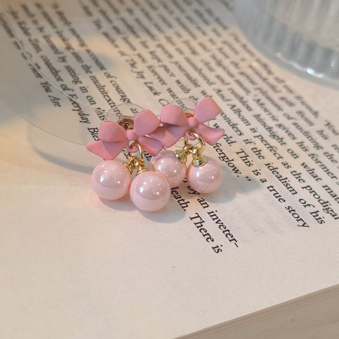 Korean Style Pink Cherry Bow Earrings – Cute & Trendy Kawaii Aesthetic Jewelry for Girls