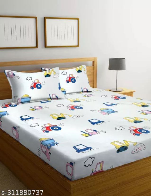 Super Cute White Car Design Queen Size Bedsheet With 2 Pillow Cover