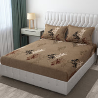 Thumbnail for Brown Floral Cotton Blend King Size Fitted Bedsheet with 2 Pillow Covers