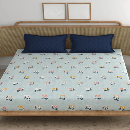 Blue Cotton Blend Elastic Fitted King Bedsheet with 2 pillow covers