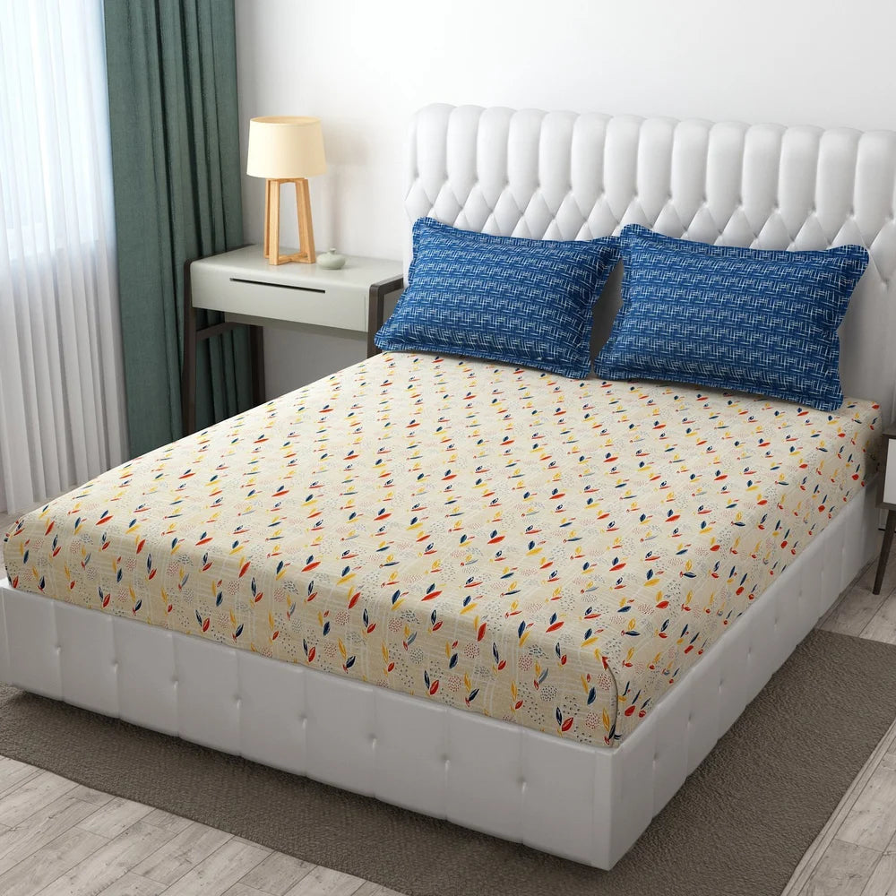 Beige & Blue Printed King Size Bedsheet With 2 pillow Covers