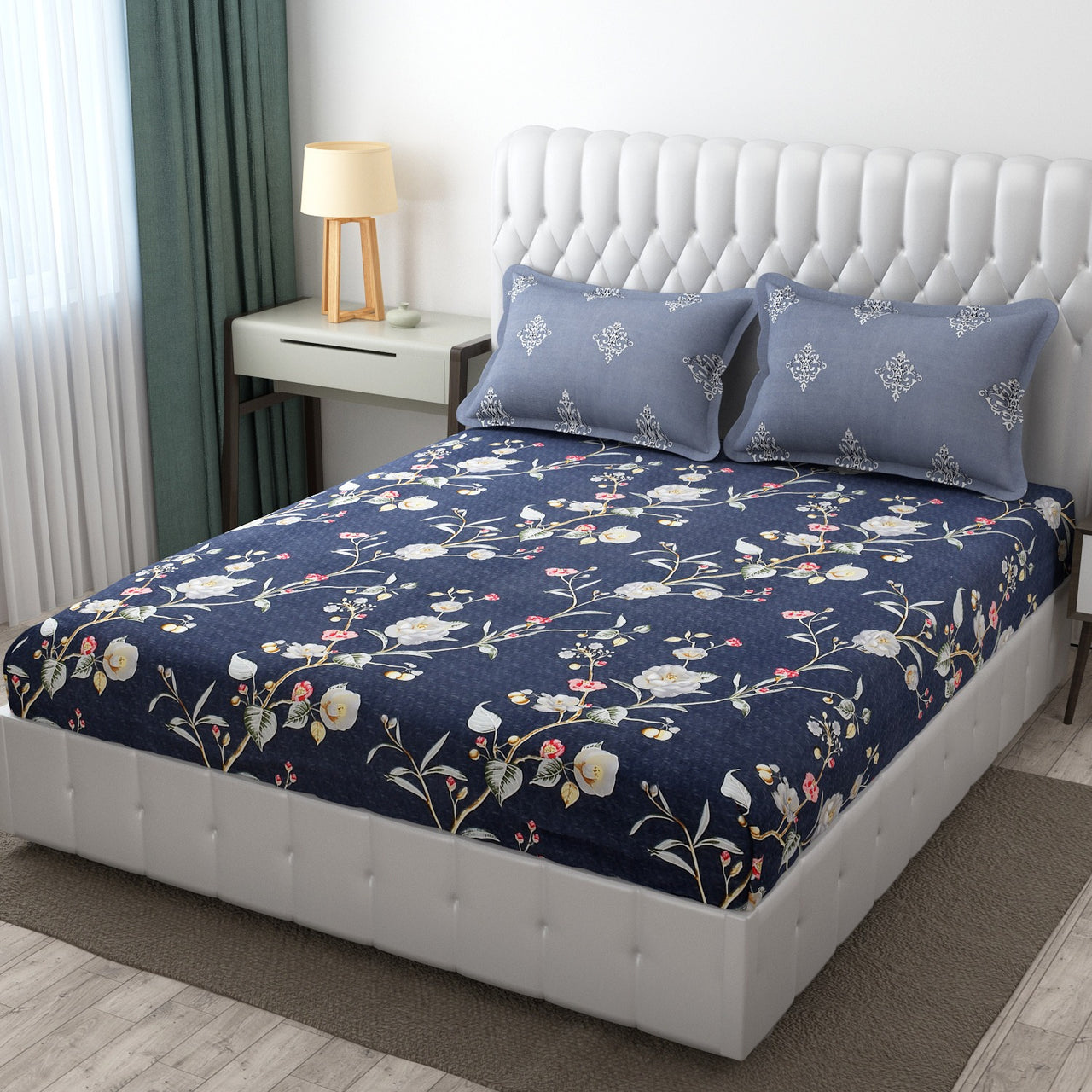 Tealish Blue Floral Print King Size Bed Sheet with 2 Pillow Covers