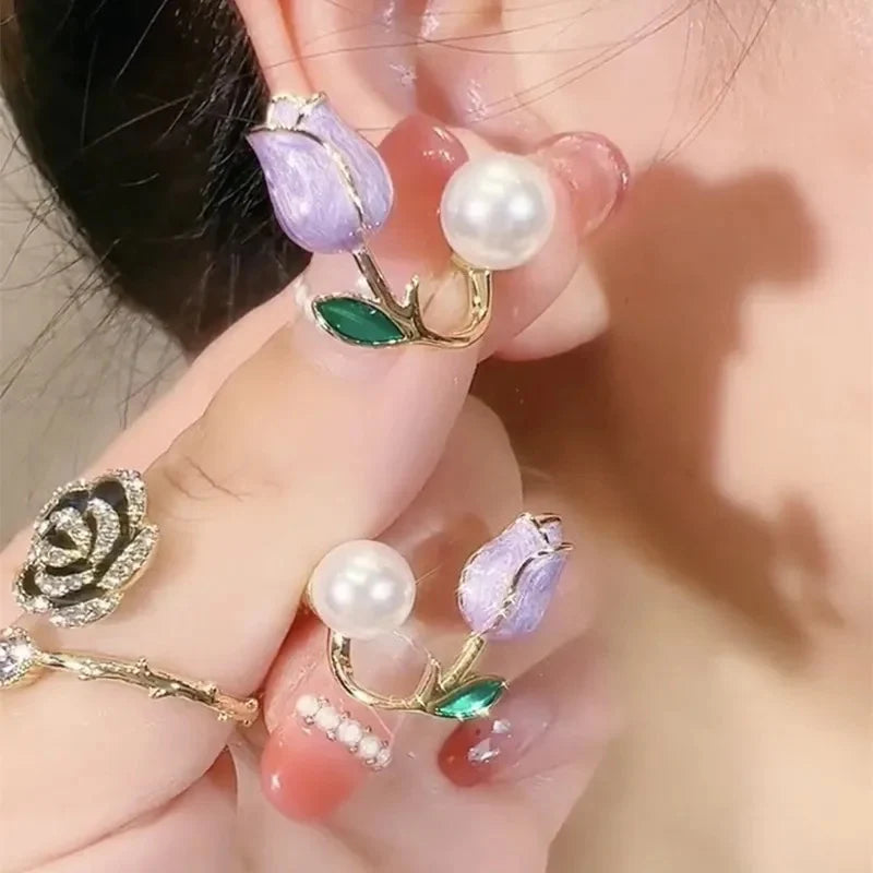 Korean Style Flower pearl Ear studs For Women (Red Colour)