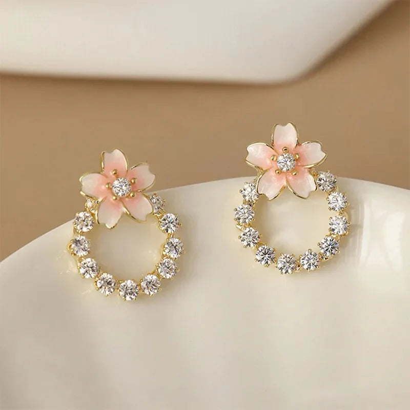 Peach Colour Round Crystal Korean earring