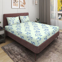 Thumbnail for Blue & Green Floral Double Fitted (Elastic) Bedsheet with 2 Pillow Covers