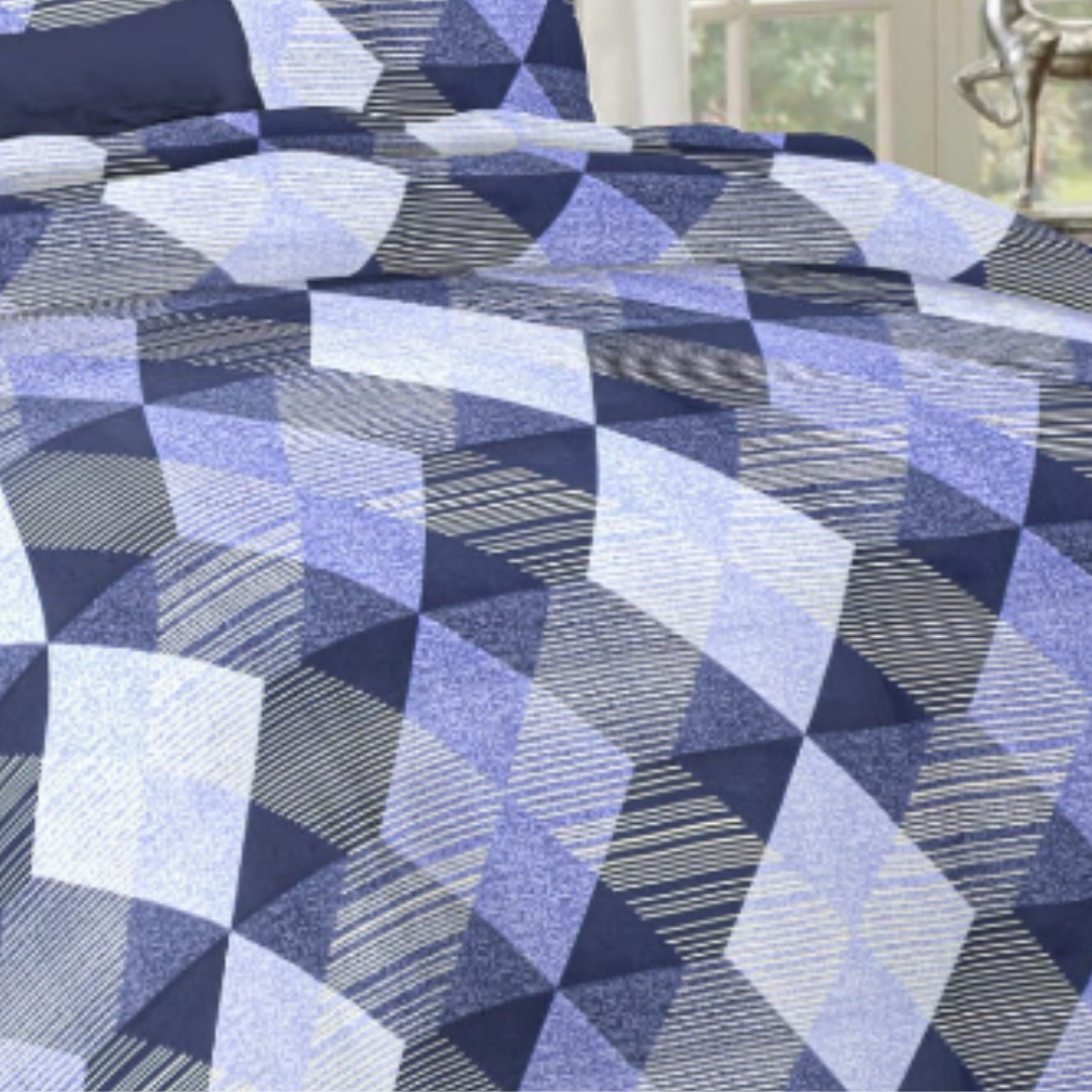 Blue & white Geometric pattern cotton Double Bed Bedsheet with 2 Pillow covers