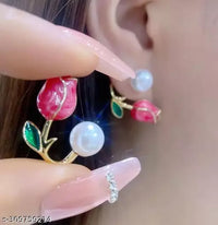 Thumbnail for Korean Dark Pink Tulip Pearl Flower Earrings